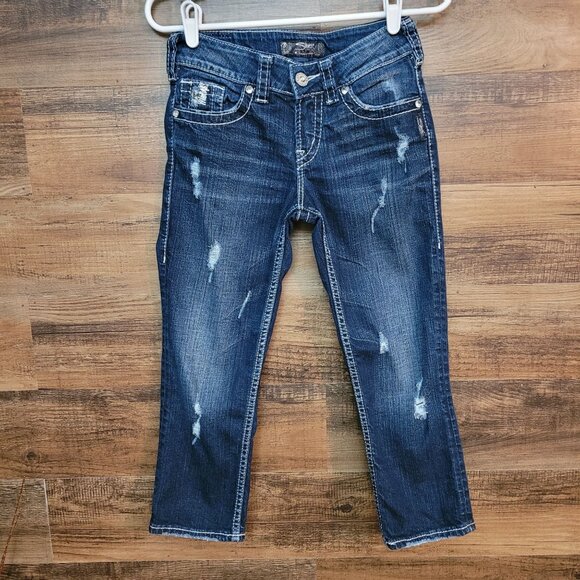 Silver Jeans Size 25 Suki Flap Capri Embelllished Ripped Dark Wash Stretch - Picture 4 of 13